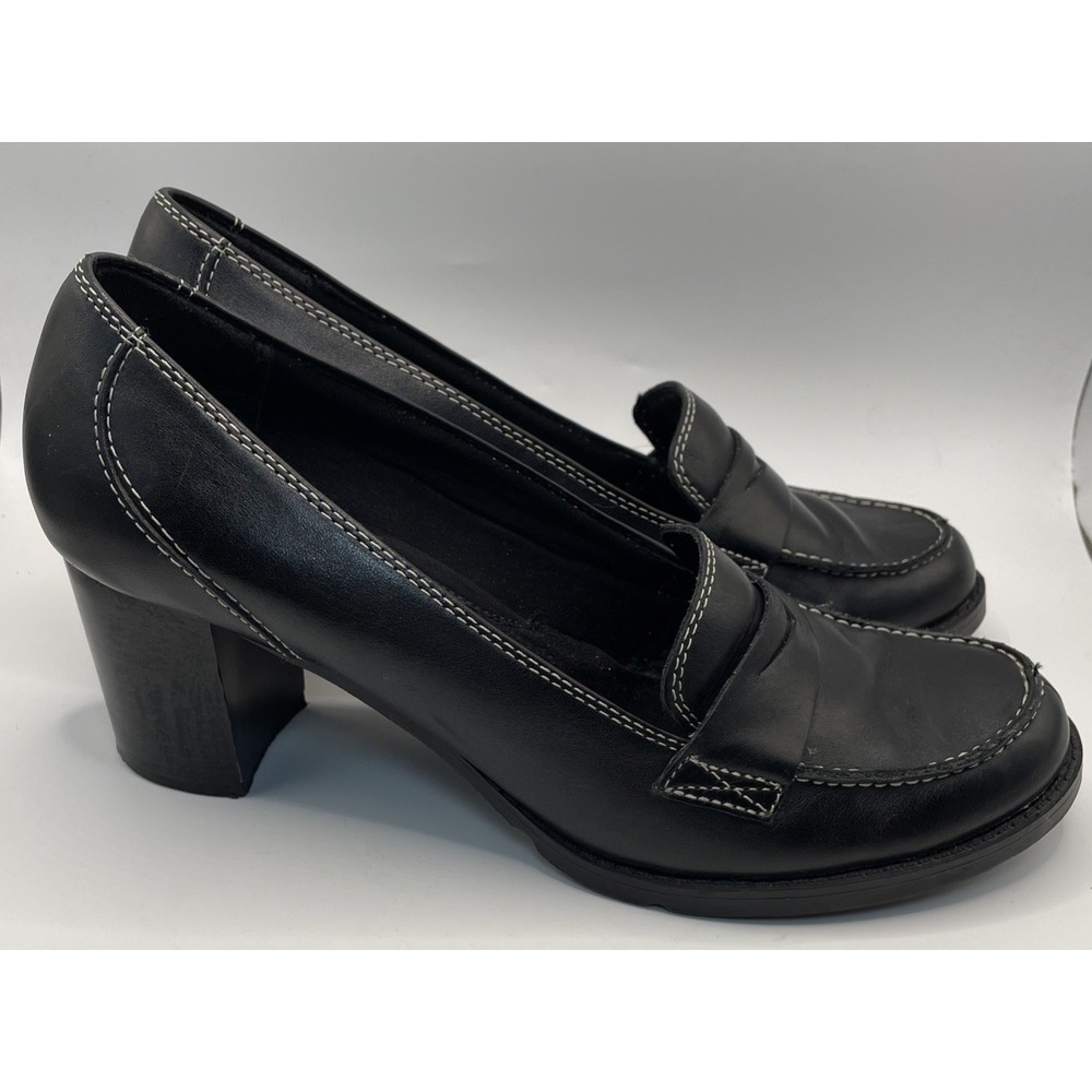 Bass Plaza Y2K Black Leather Penny Loafer Block Heel Pumps Contrast Stitch 9.5 M